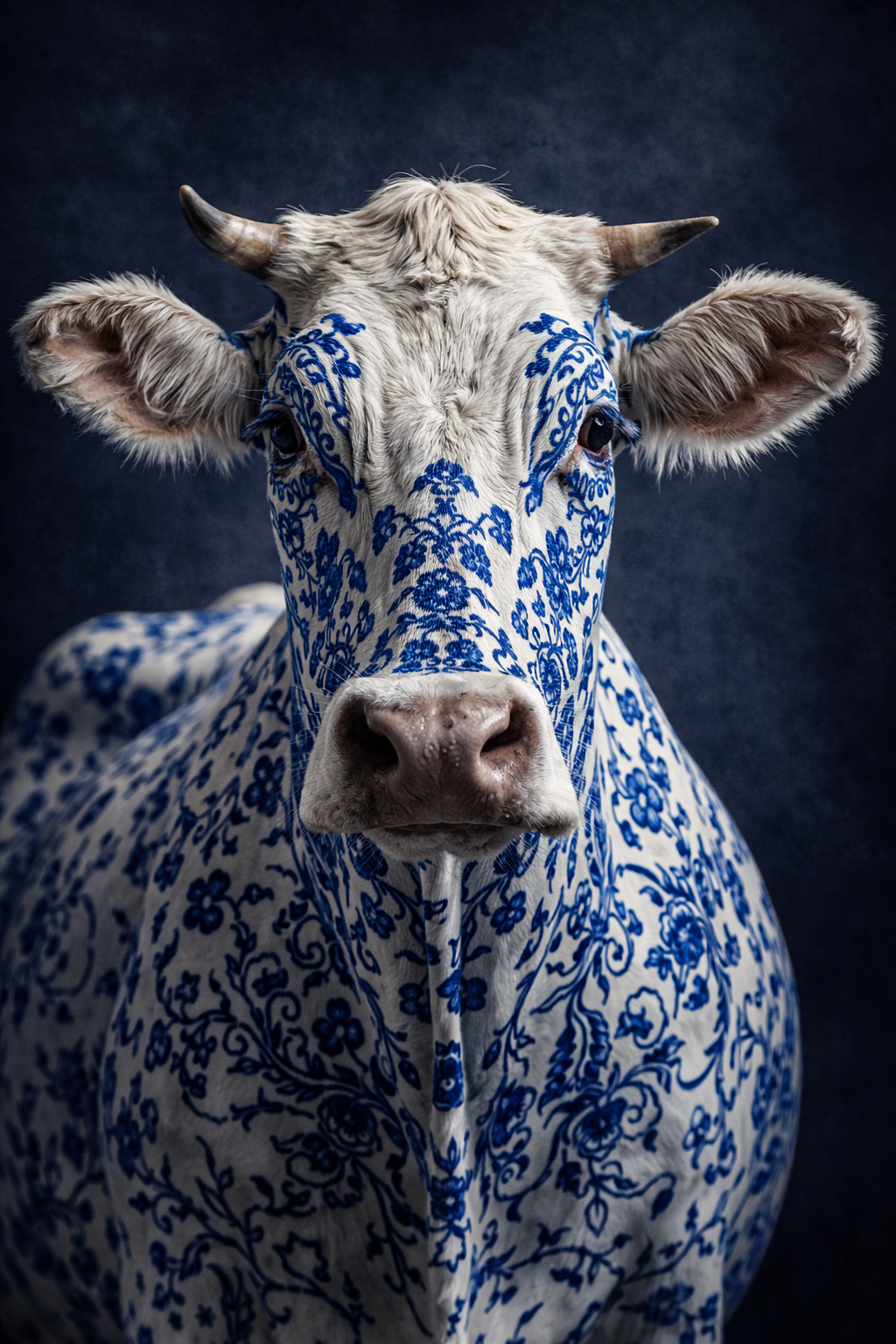 Delft Blue Cow Portrait wanddecoratie met koeienportret in klassiek Delfts blauw