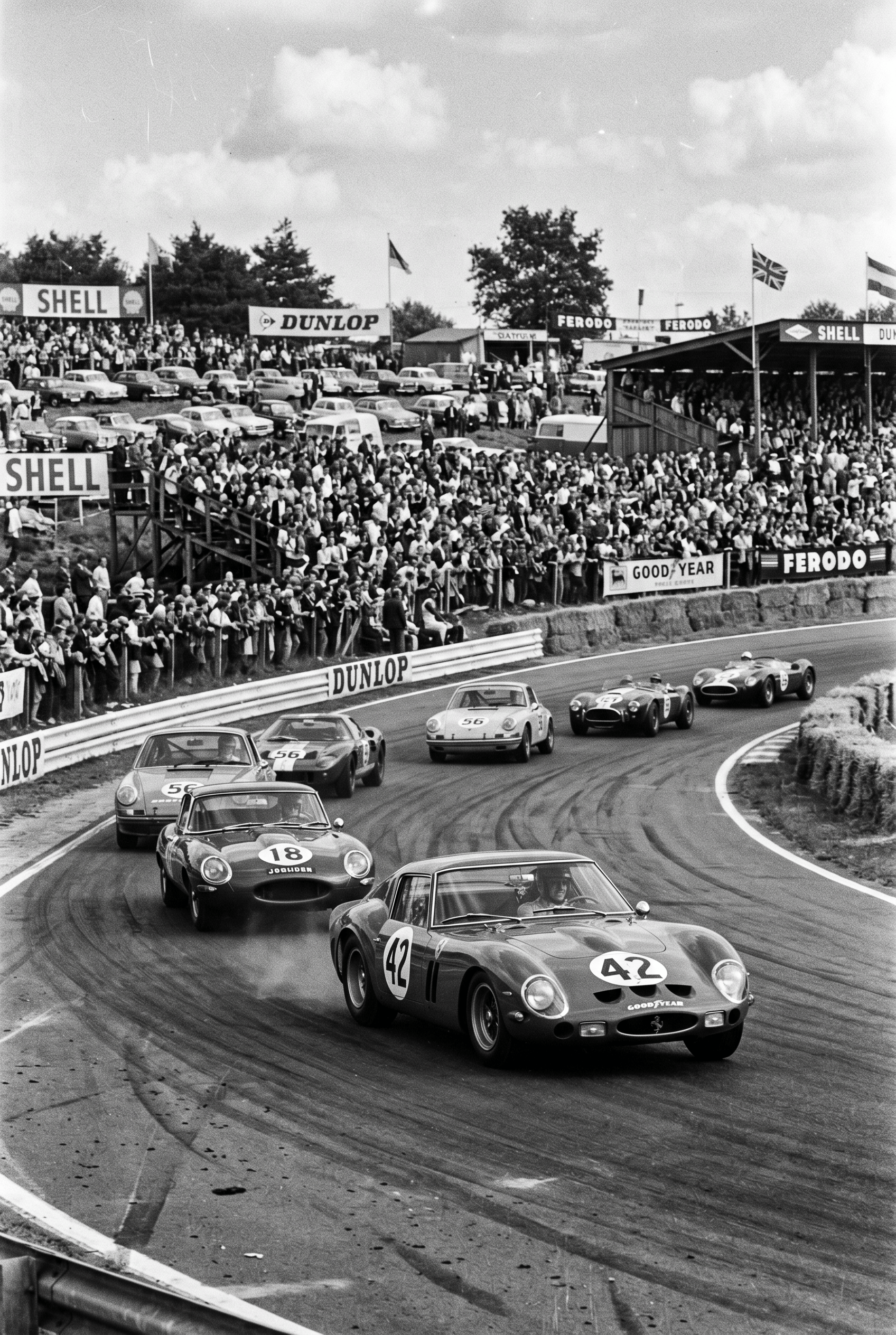 Klassieke Coupe Parade – vintage motorsport wanddecoratie