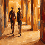 Lichtwandeling – twee figuren in een gouden lichtgang