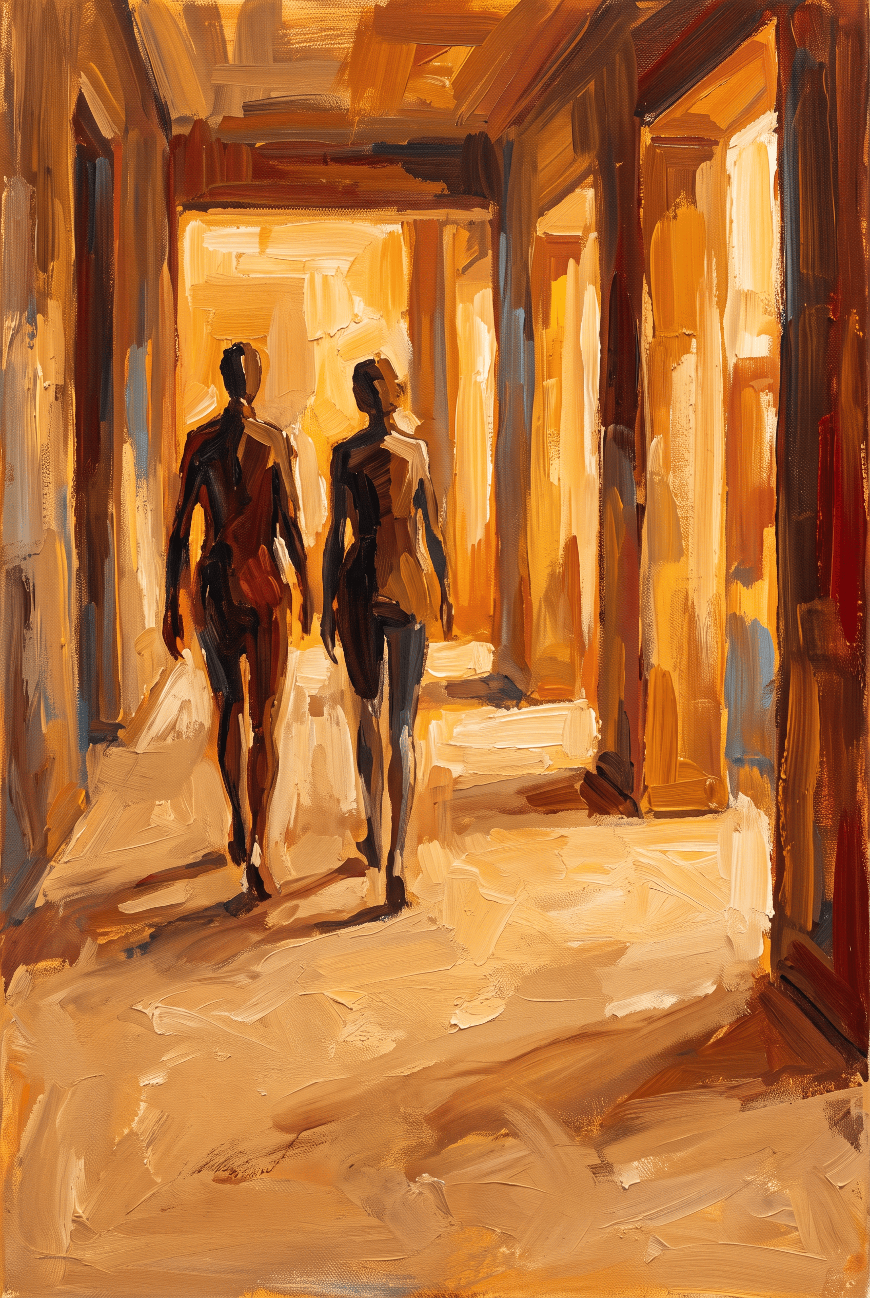 Lichtwandeling – twee figuren in een gouden lichtgang