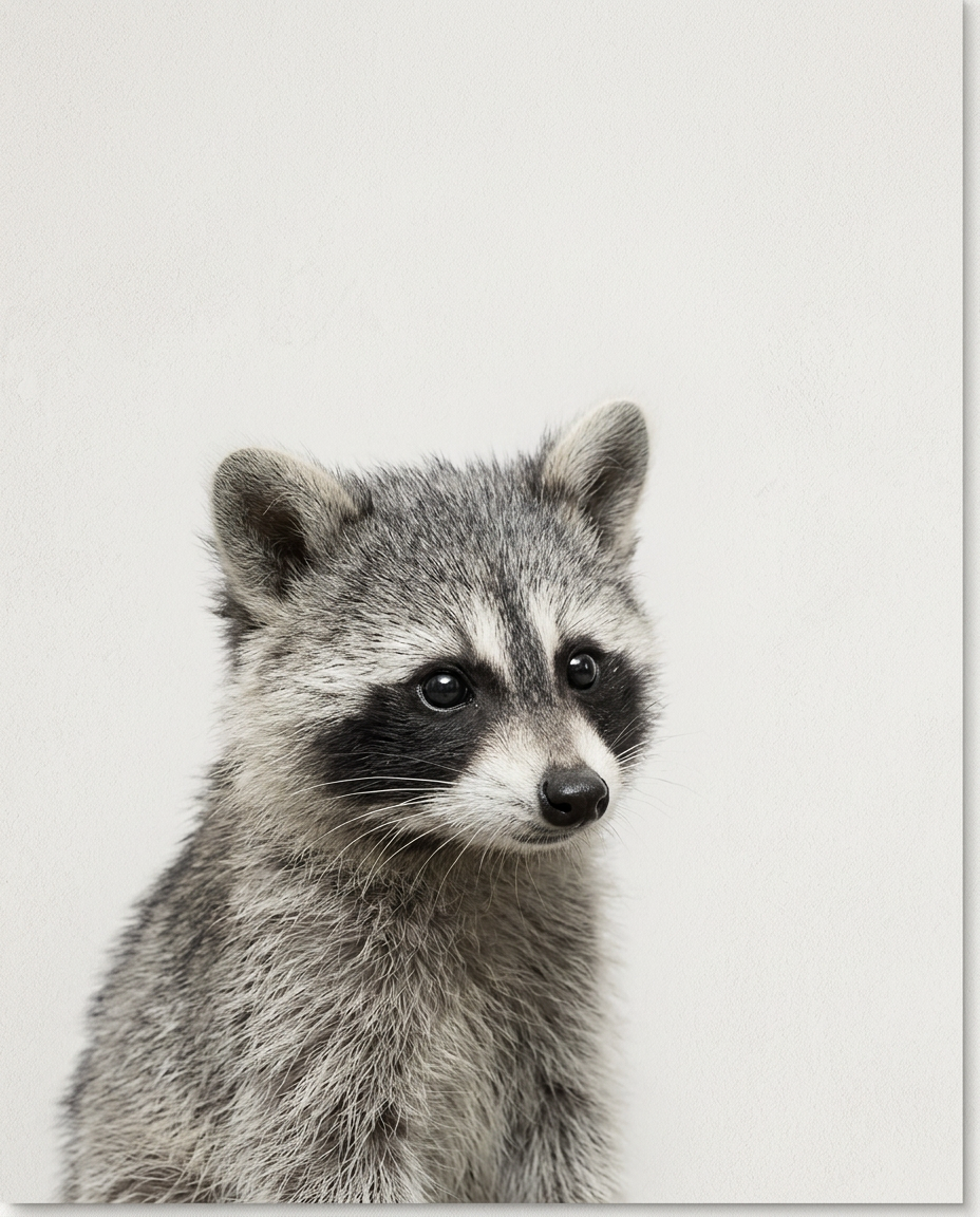 Little Bandit with Big Curious Eyes wanddecoratie met nieuwsgierig wasbeertje met grote ogen