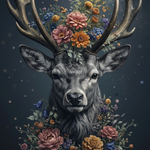 Majestic Floral Stag Portrait wanddecoratie met hert met gewei vol bloemen