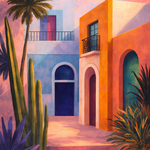 Mediterranean Alleyway Sunset wanddecoratie met mediterraan straatje in warme zonsondergangtinten