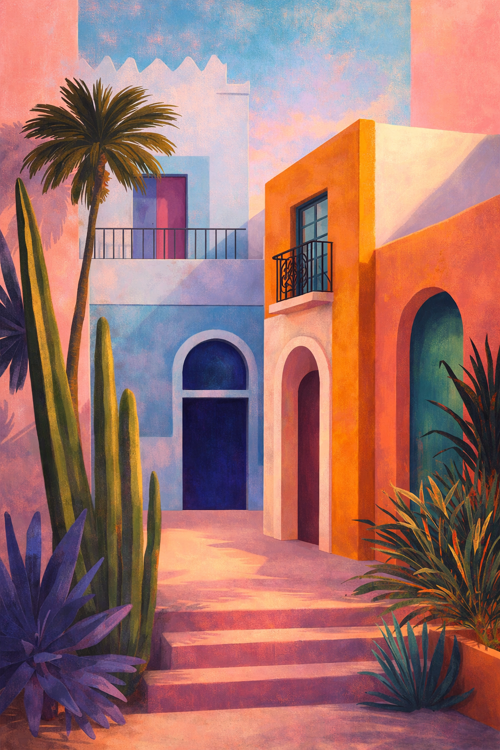 Mediterranean Alleyway Sunset wanddecoratie met mediterraan straatje in warme zonsondergangtinten
