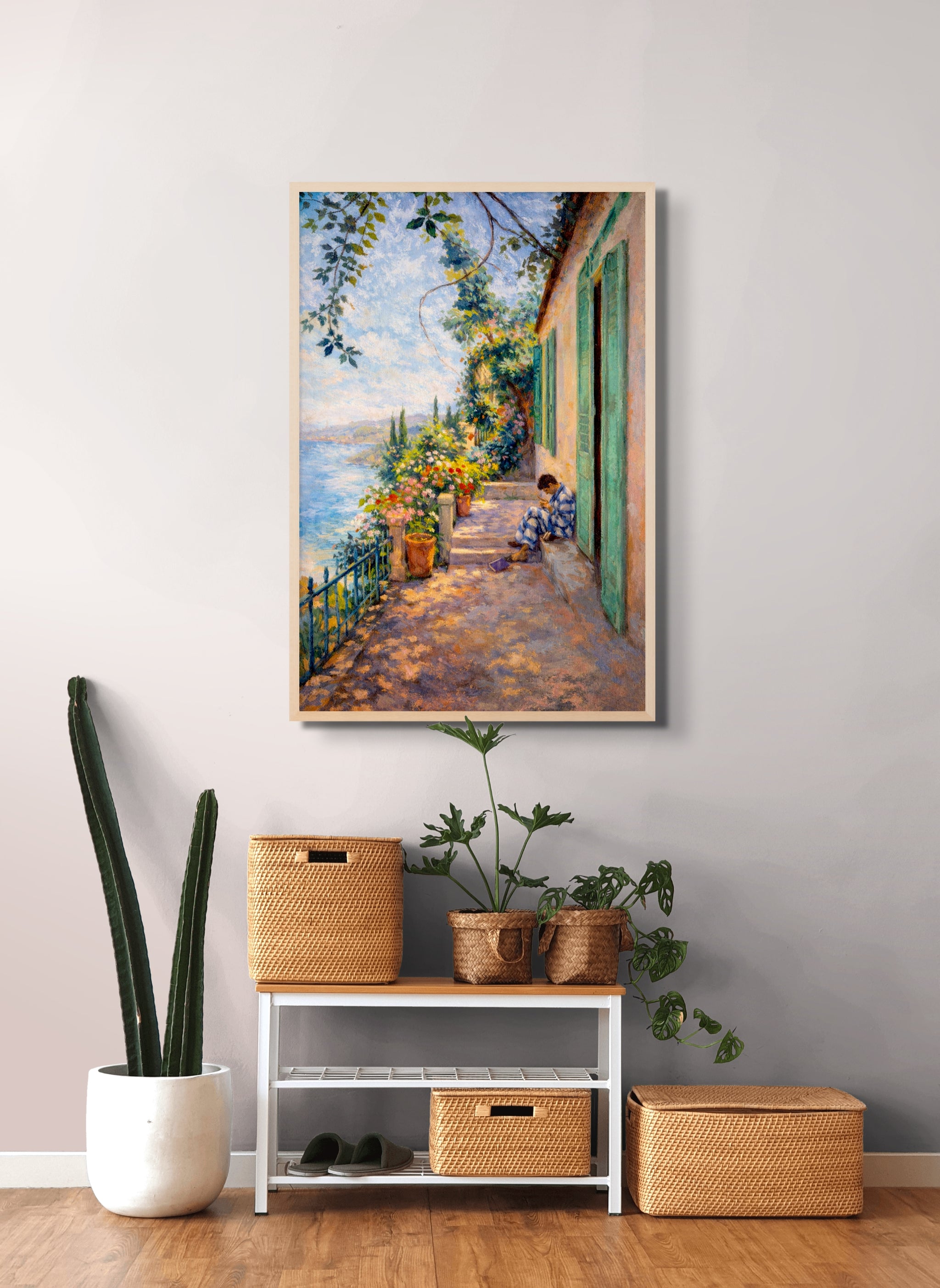 Mediterraans Terras Wanddecoratie – Dromerig Zeezicht Canvas Print