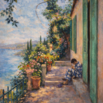 Mediterranean Terrace Daydream wanddecoratie met zonnig mediterraan terras met uitzicht op zee