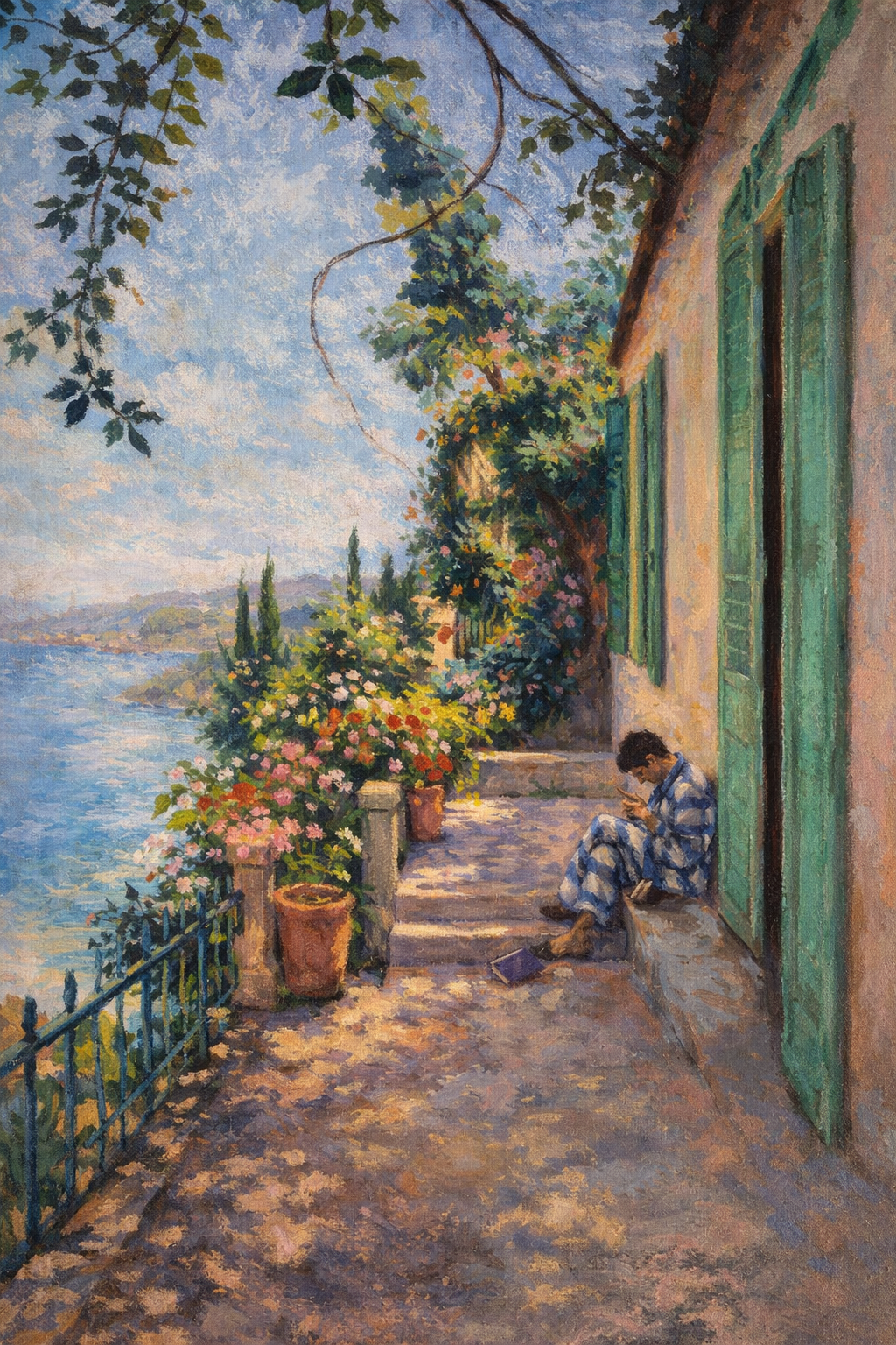 Mediterranean Terrace Daydream wanddecoratie met zonnig mediterraan terras met uitzicht op zee