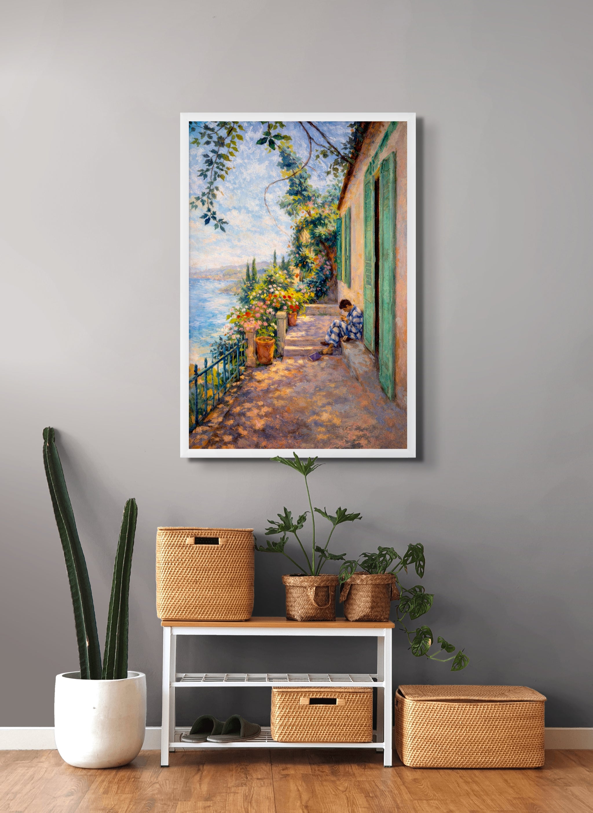 Mediterraans Terras Wanddecoratie – Dromerig Zeezicht Canvas Print
