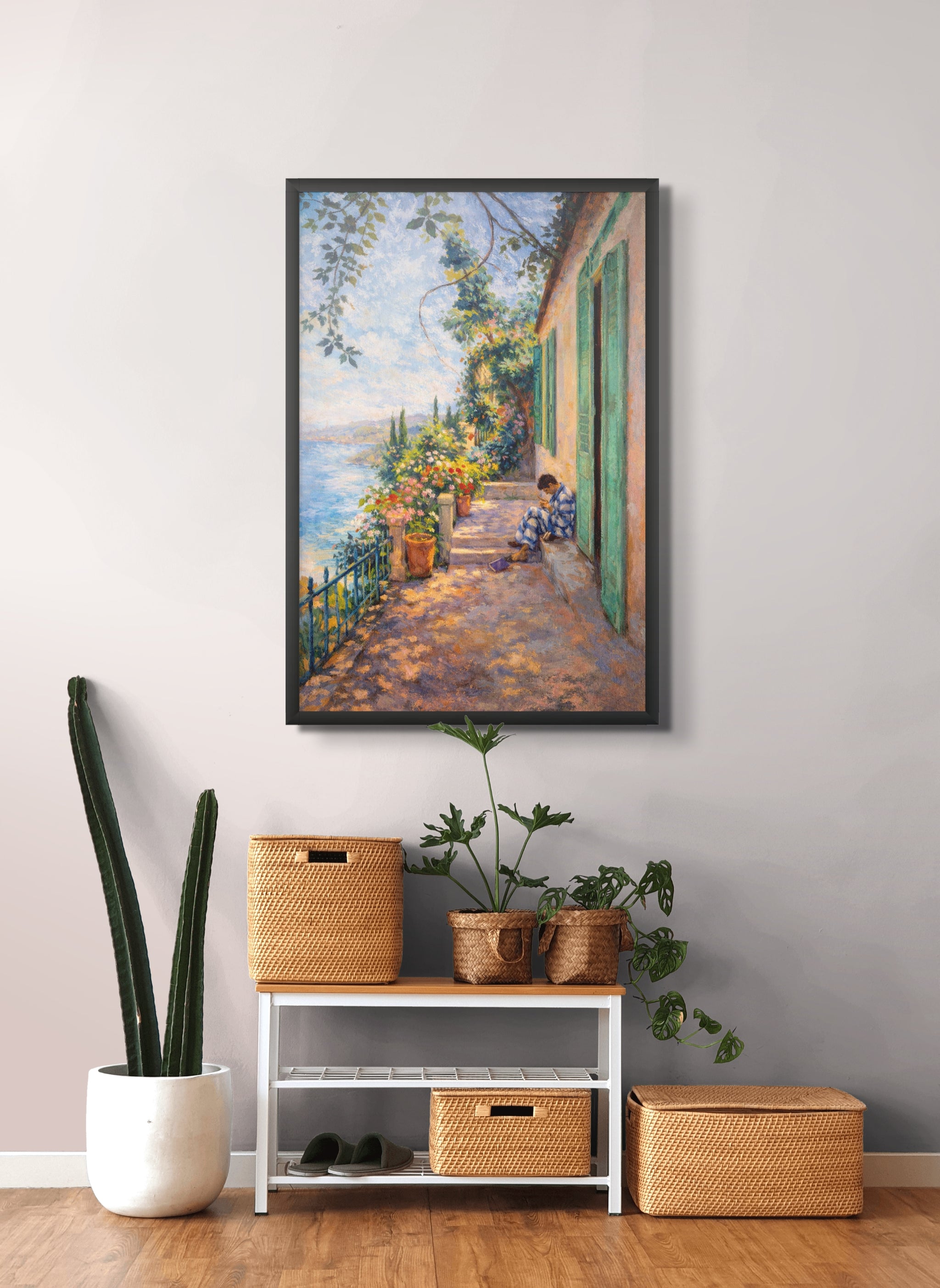 Mediterraans Terras Wanddecoratie – Dromerig Zeezicht Canvas Print