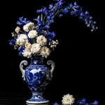 Middernachtbloei in Delfts Blauw wanddecoratie met nachtelijke bloemen in klassiek Delfts blauw