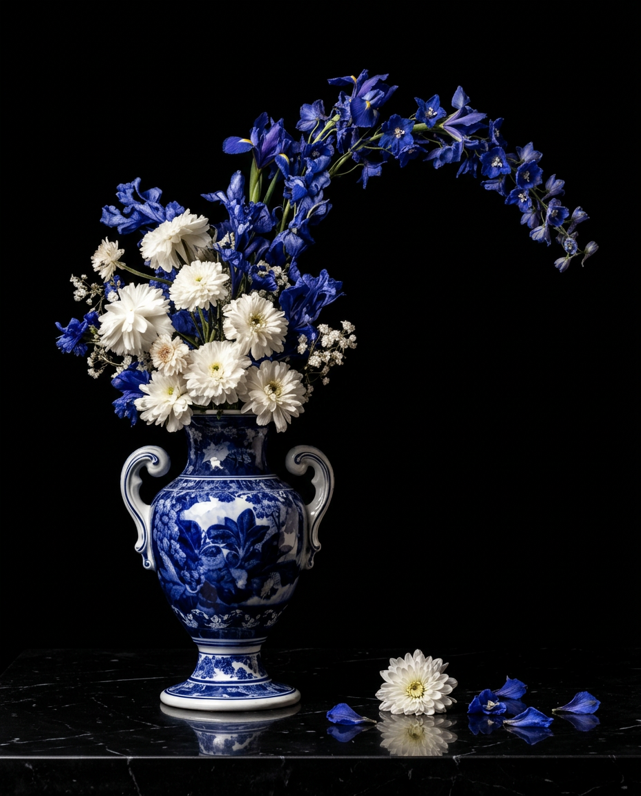Middernachtbloei in Delfts Blauw wanddecoratie met nachtelijke bloemen in klassiek Delfts blauw