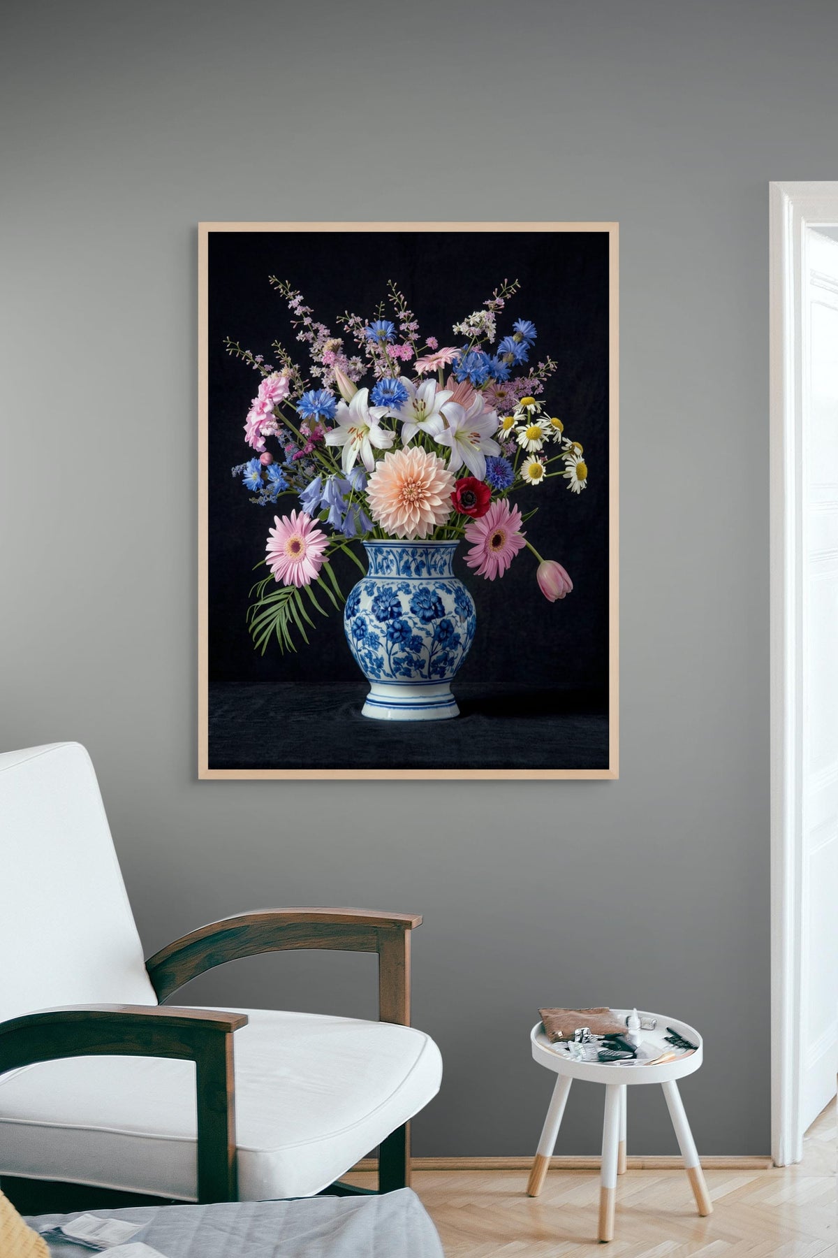 Middernachtboeket in Delfts Blauw Canvas Print wanddecoratie | ArtifyCanvas
