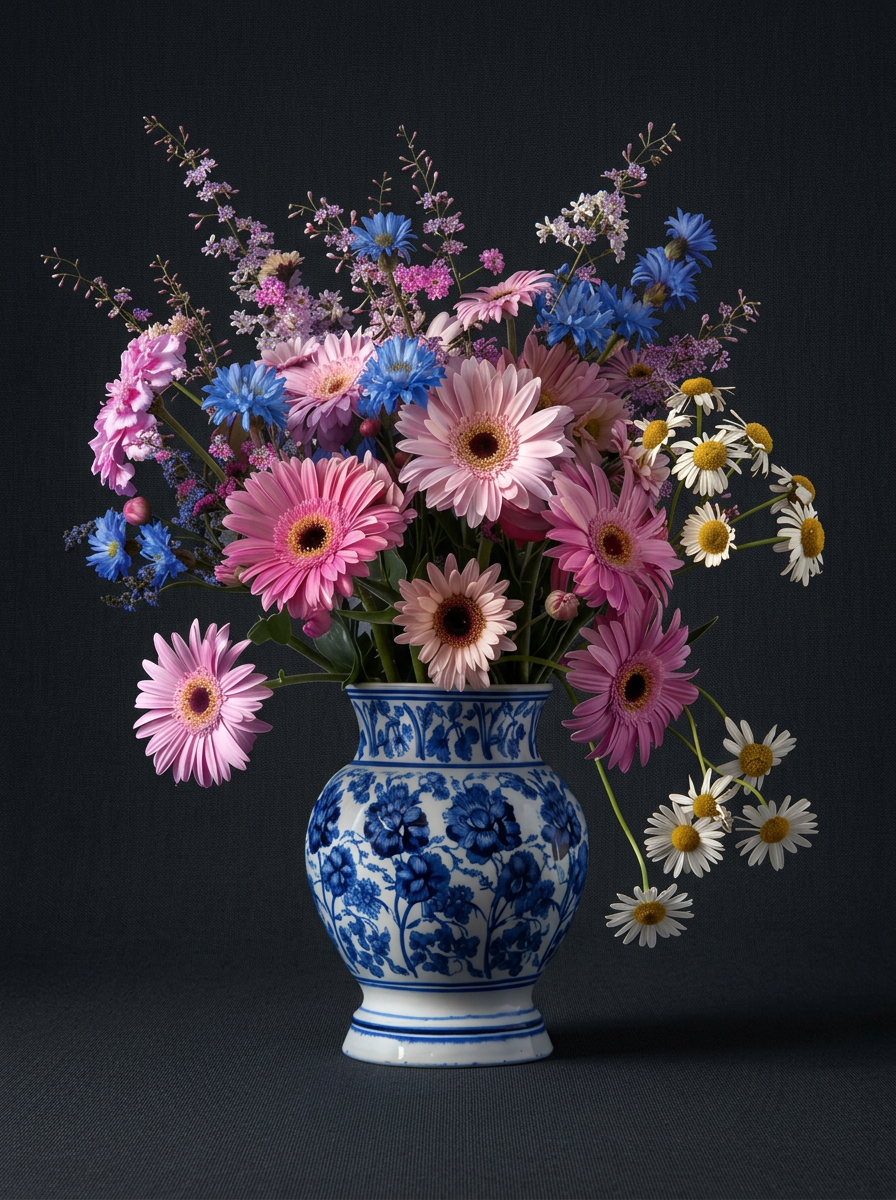 Middernacht in Bloei wanddecoratie met weelderige bloemen in diep nachtblauw