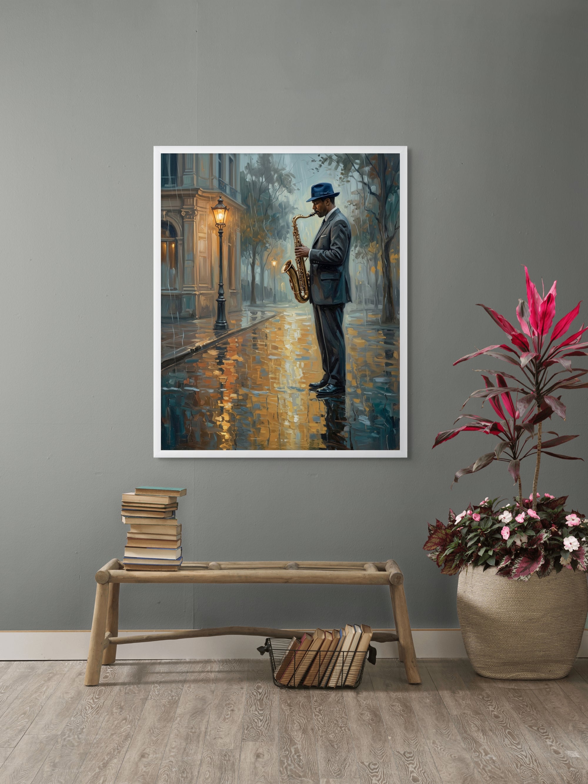 Midnight Blues op Natte Straat Wanddecoratie – Sfeervolle Nacht Canvas Print