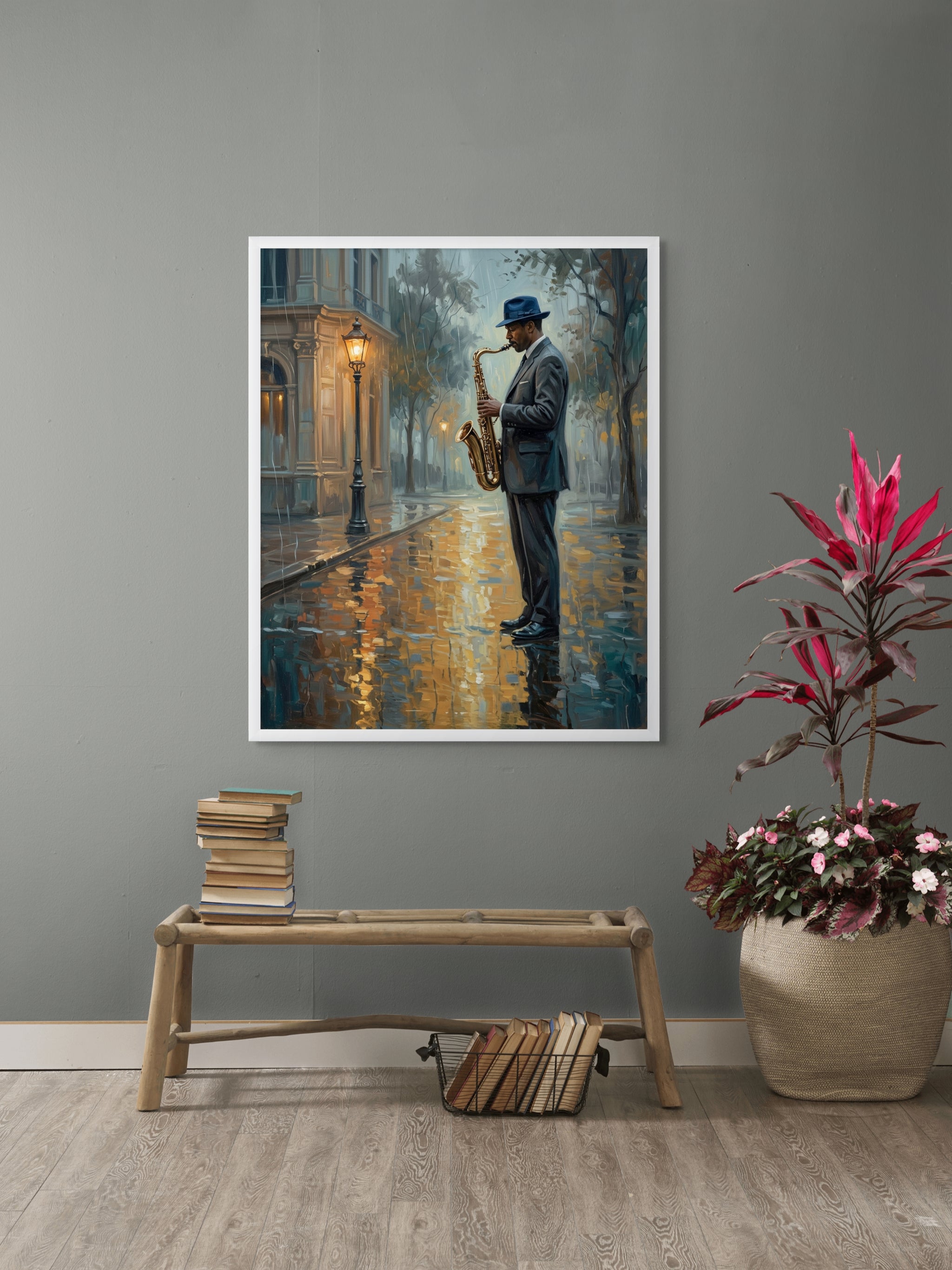 Midnight Blues op Natte Straat Wanddecoratie – Sfeervolle Nacht Canvas Print