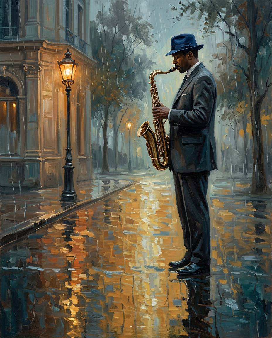 Midnight Blues auf nasser Straße – Wandbild auf Leinwand, Aluminium oder Poster