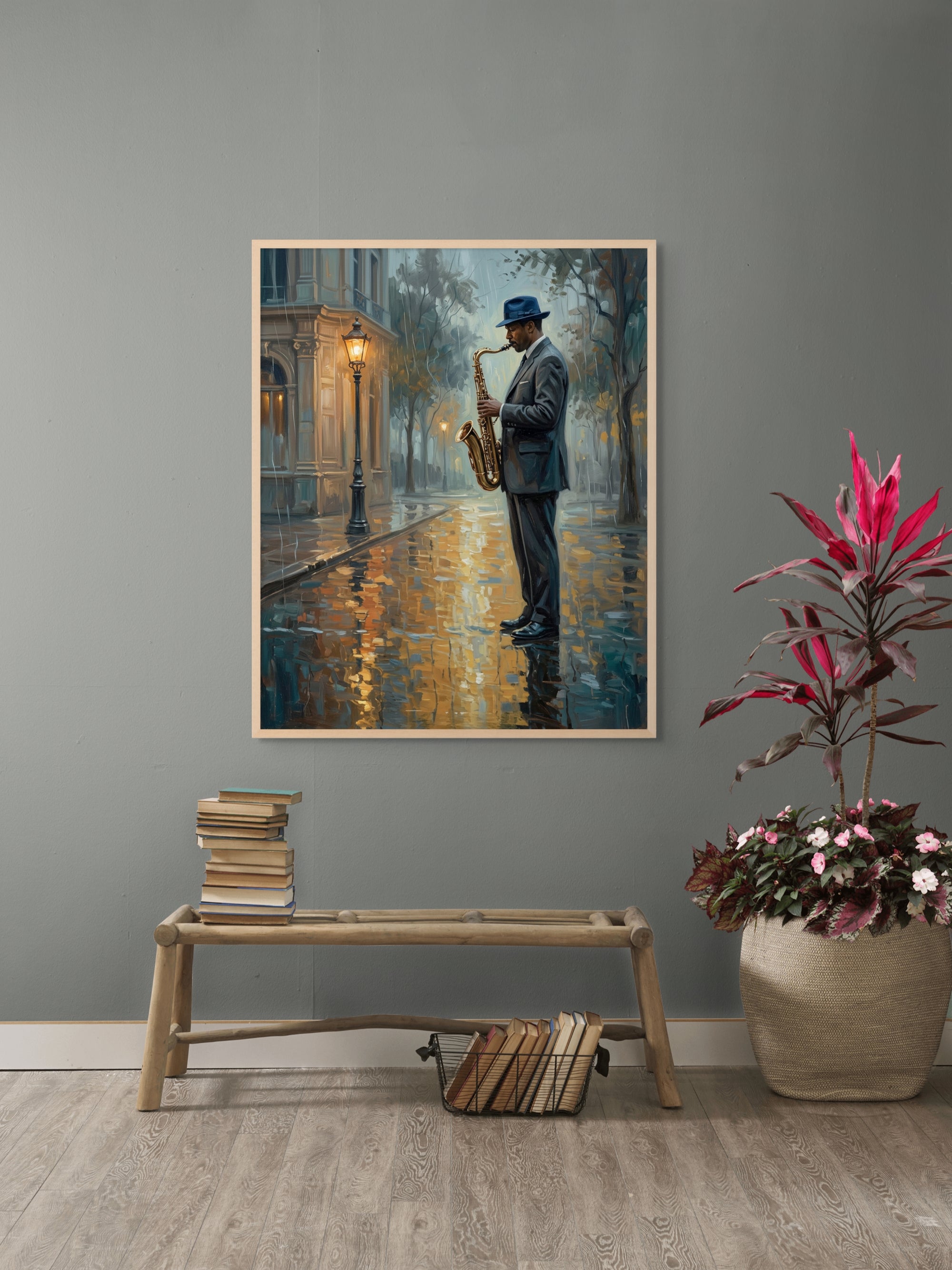 Midnight Blues op Natte Straat Wanddecoratie – Sfeervolle Nacht Canvas Print