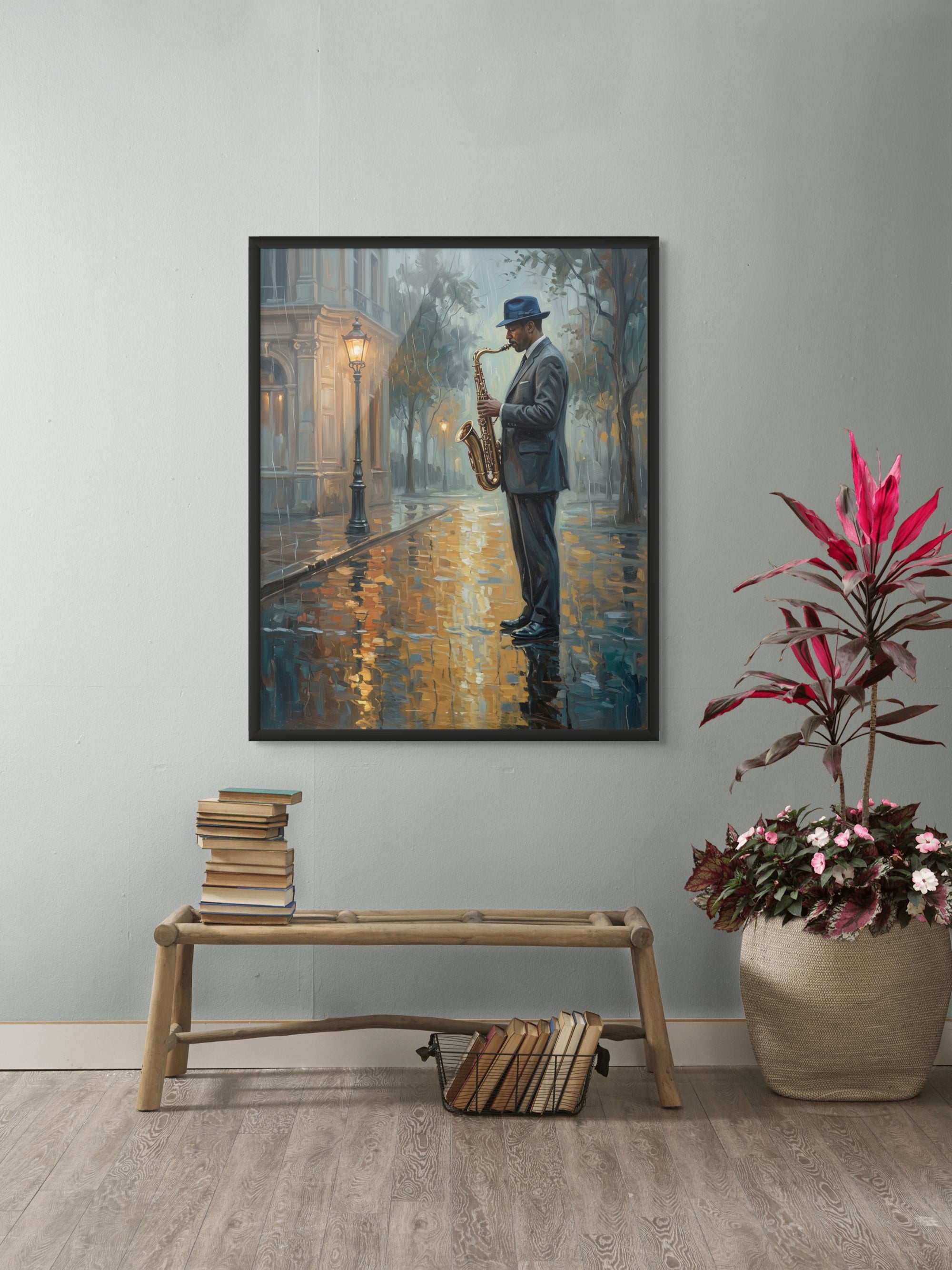 Midnight Blues op Natte Straat Wanddecoratie – Sfeervolle Nacht Canvas Print