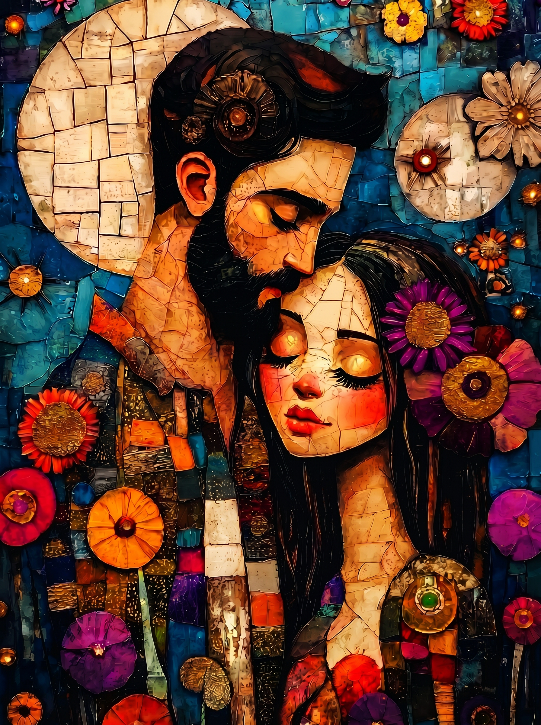Midnight Mosaic Lovers Wanddecoratie – Romantisch Mozaïek Canvas Print