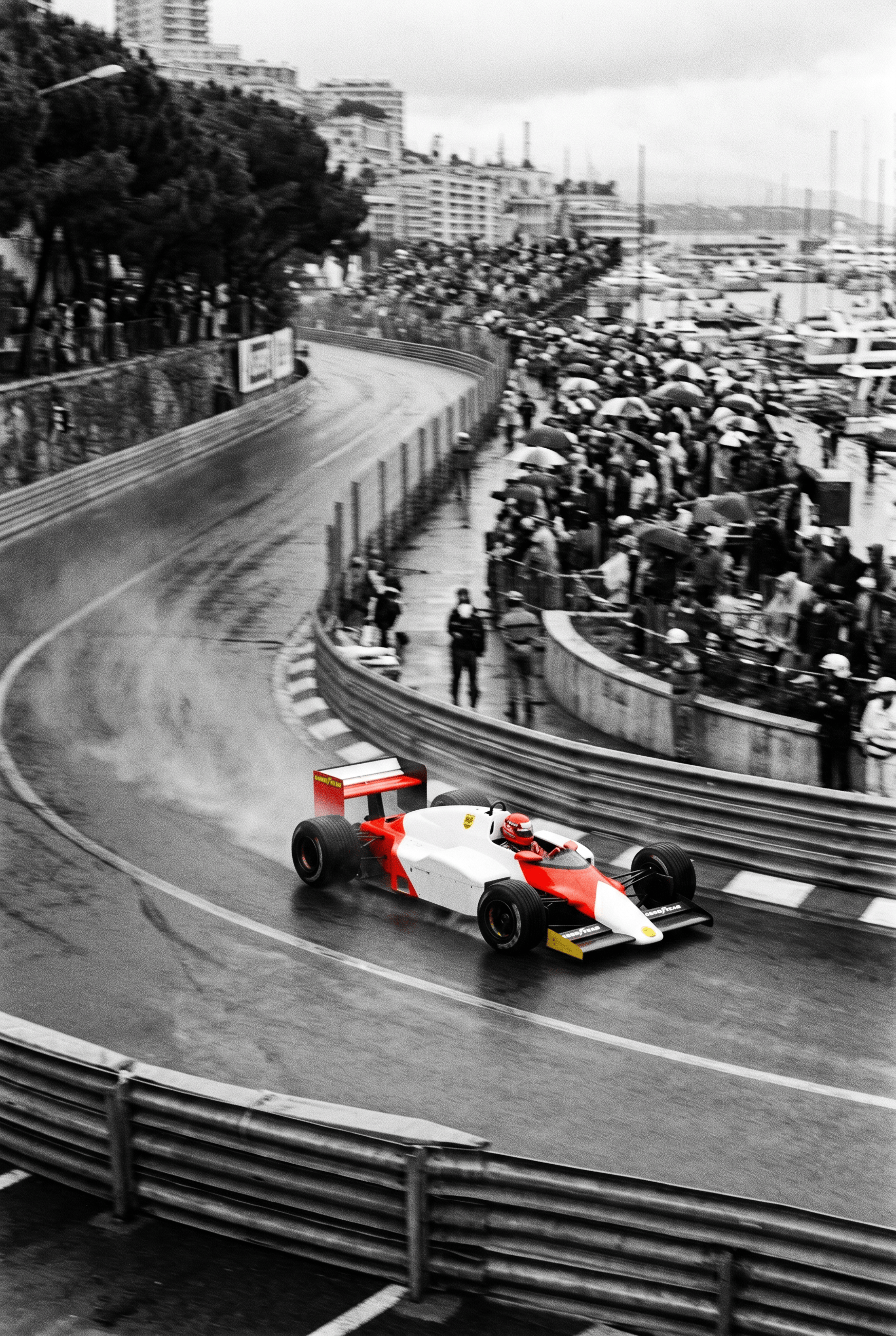 Monaco in de Regen – vintage motorsport wanddecoratie