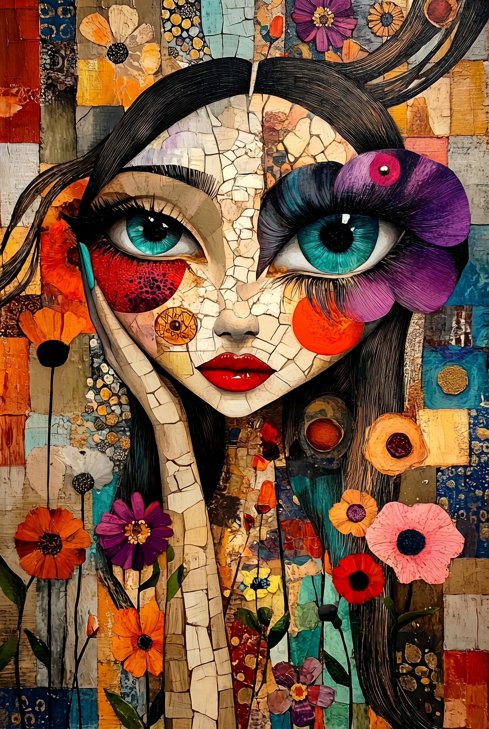 Mozaïekmeisje met Droomogen Wanddecoratie – Kleurrijk Portret Canvas Print