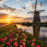 Nederlandse Molen bij Zonsondergang Schilderij