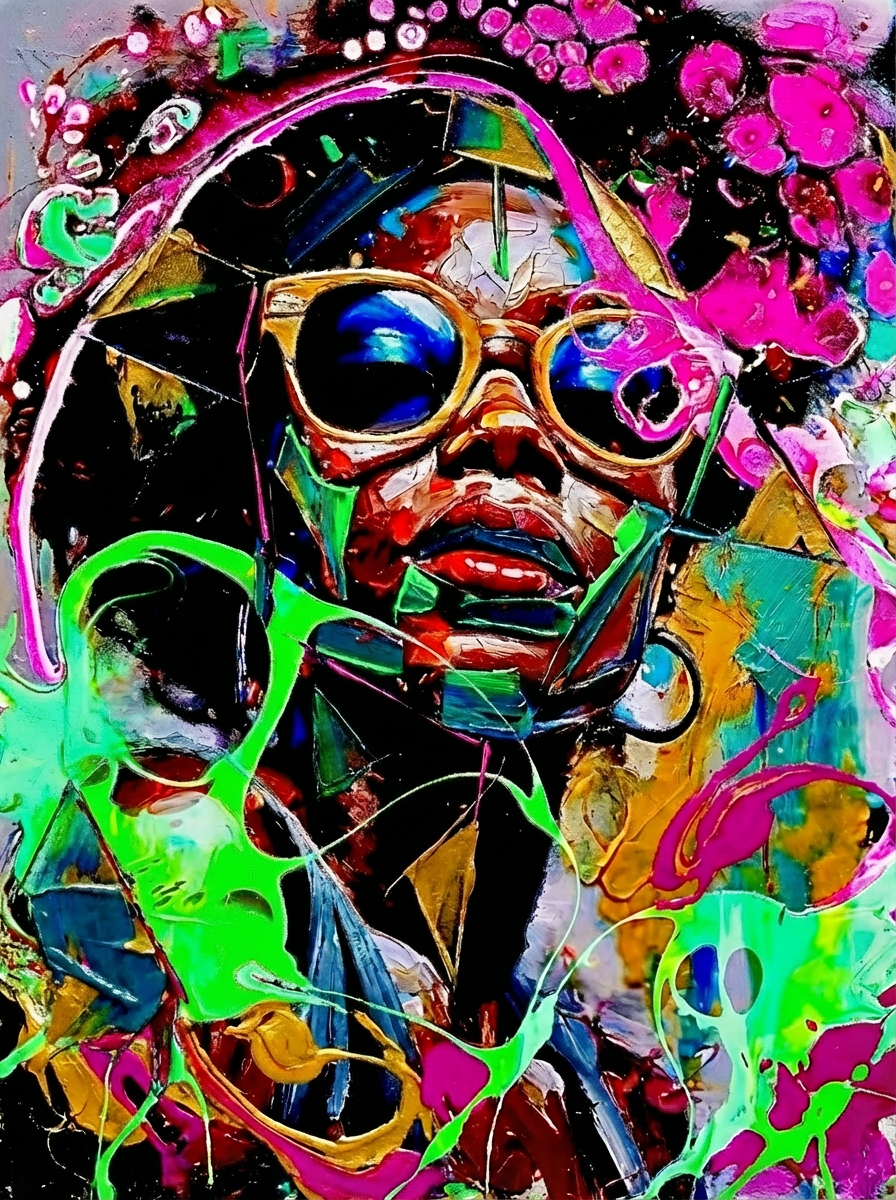 Neon Urban Muse Explosion wanddecoratie met stedelijke muze in spetterende neonkleuren