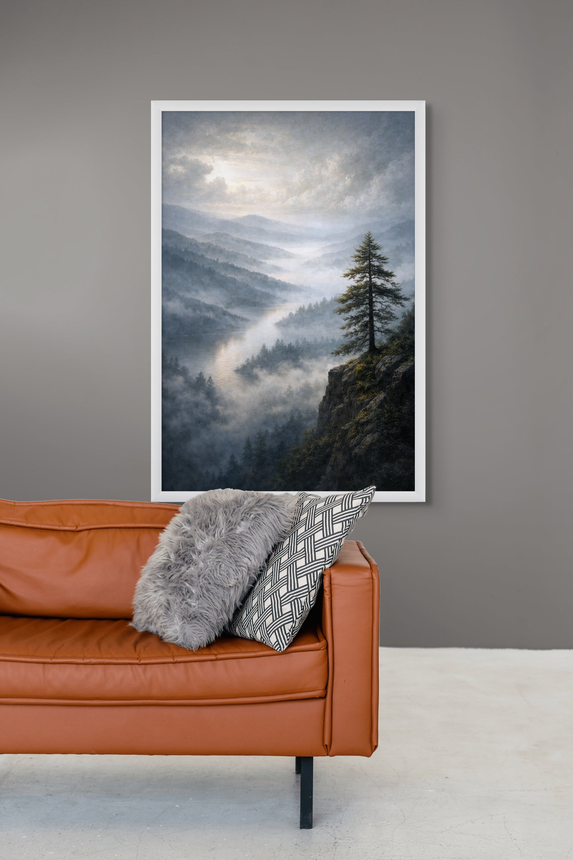 Nebelpfad durch das Tal – Wandbild auf Leinwand, Aluminium oder Poster