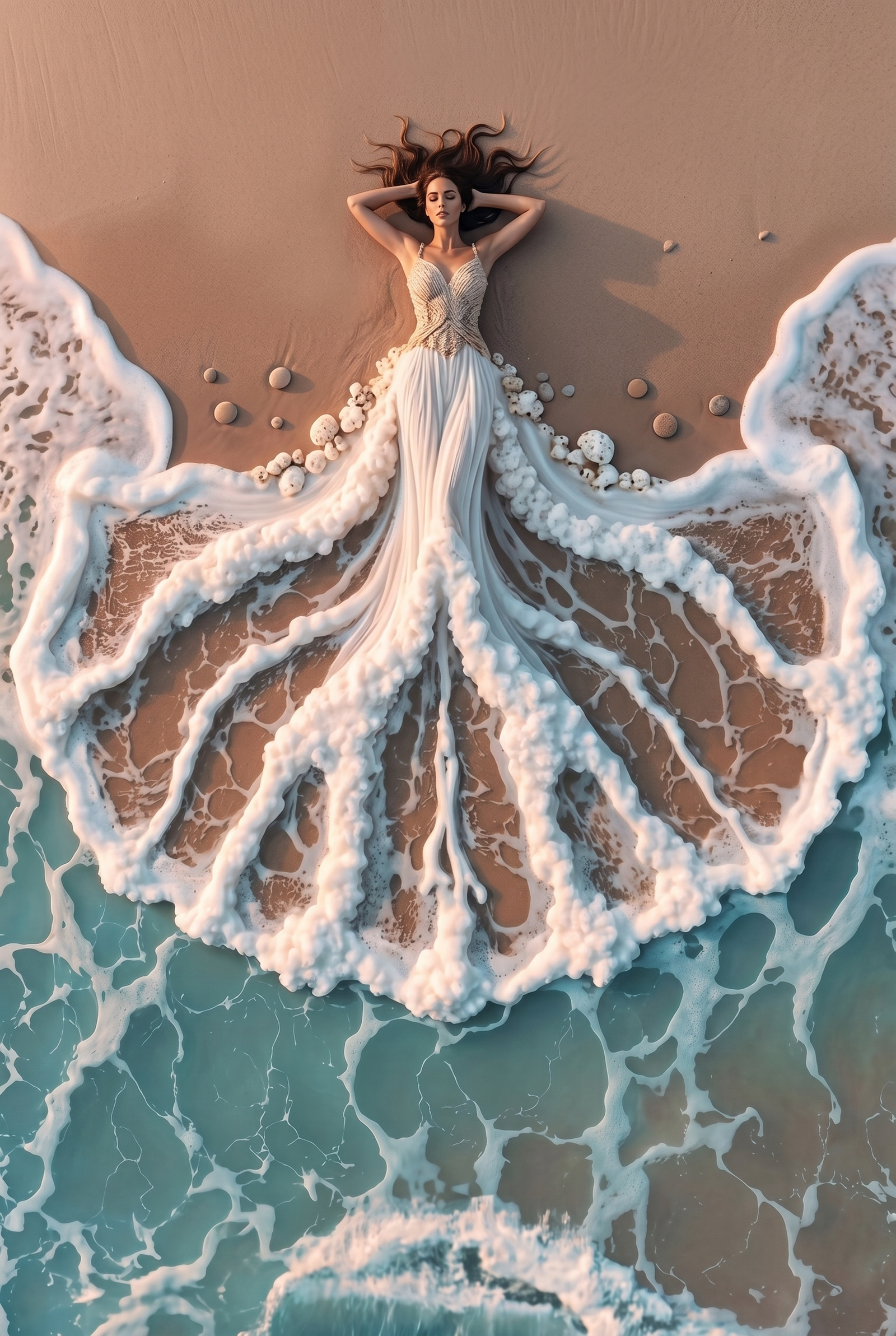 Ocean Whisper Bride wanddecoratie met sierlijke bruid aan de fluisterende oceaan