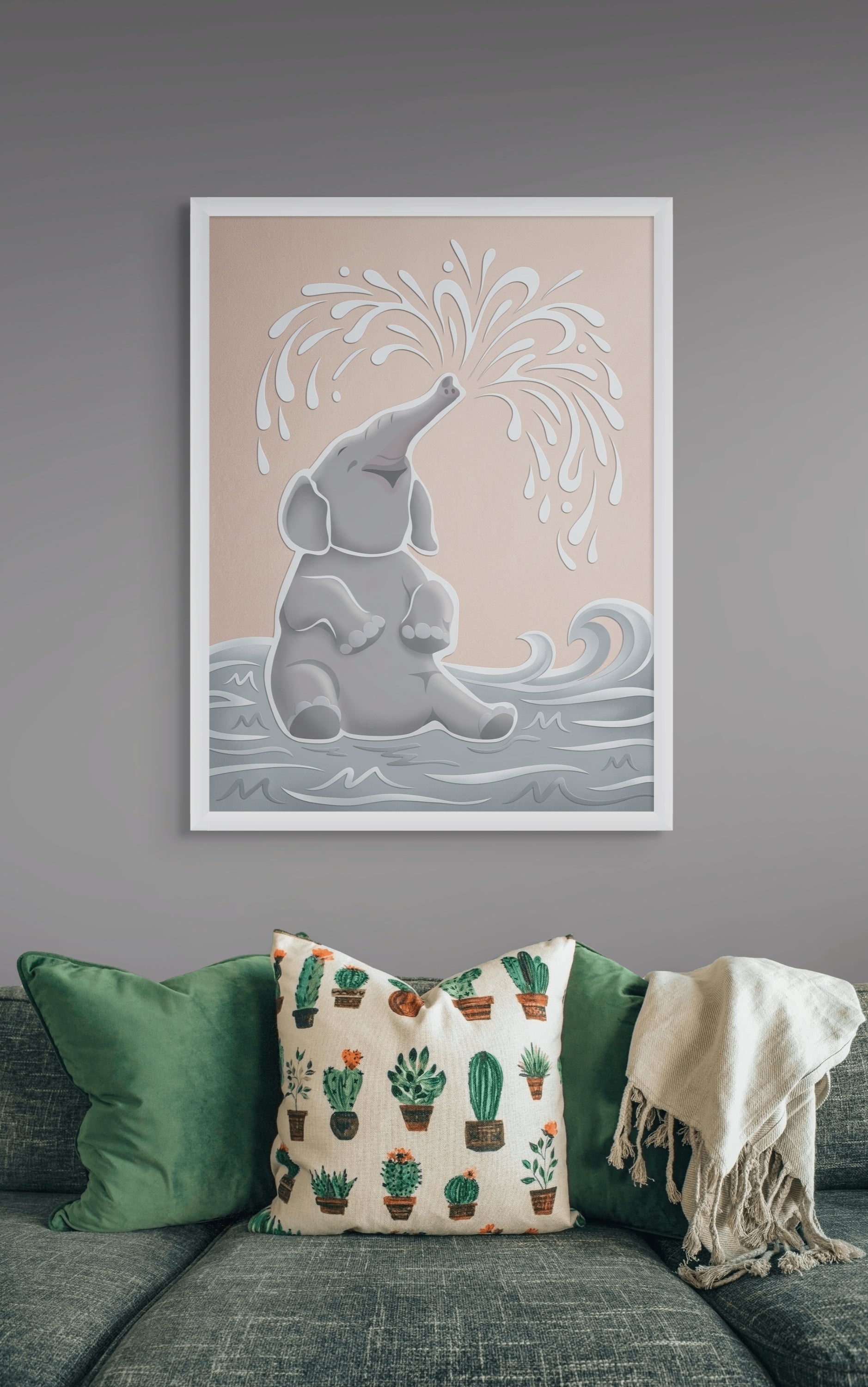 Elefant mit Fontänentrick – Wandbild auf Leinwand, Aluminium oder Poster