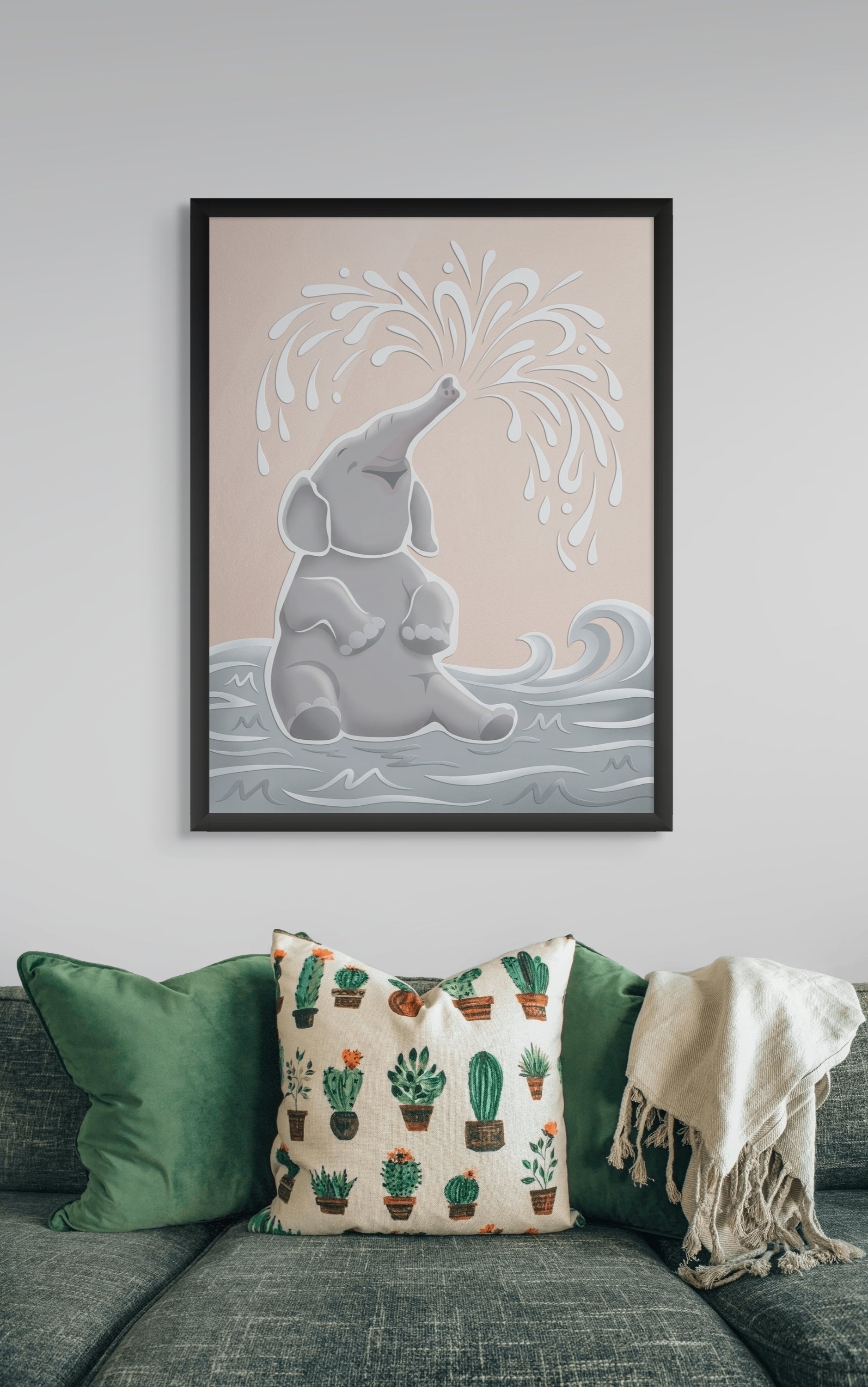Elefant mit Fontänentrick – Wandbild auf Leinwand, Aluminium oder Poster