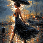 Paraplu bij Gouden Haven Wanddecoratie – Romantisch Kust Canvas Print