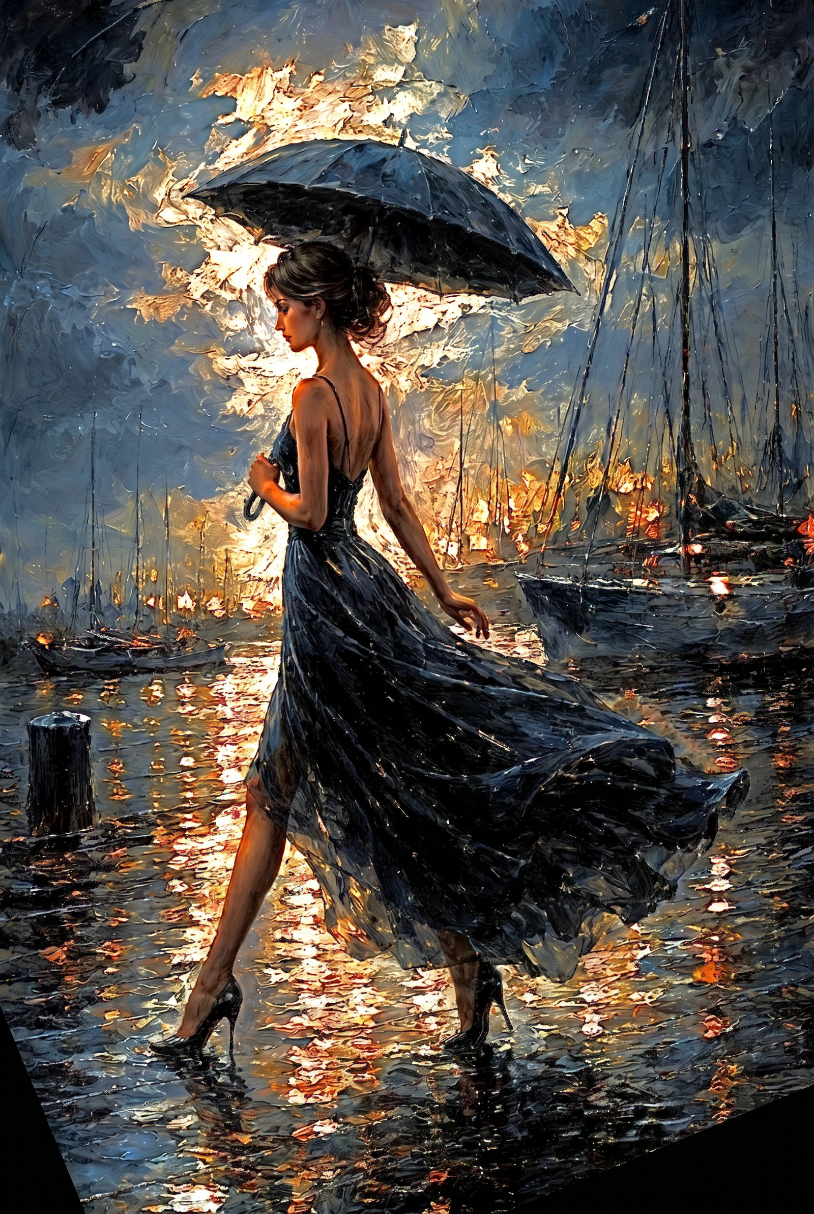 Paraplu bij Gouden Haven Wanddecoratie – Romantisch Kust Canvas Print