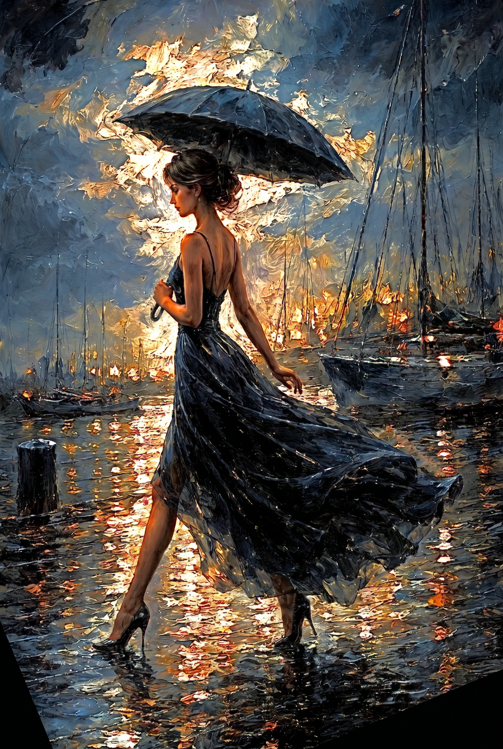 Paraplu bij Gouden Haven Wanddecoratie – Romantisch Kust Canvas Print
