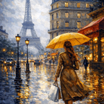 Parijs in Gouden Regen wanddecoratie met Parijse skyline in een gouden regenwaas