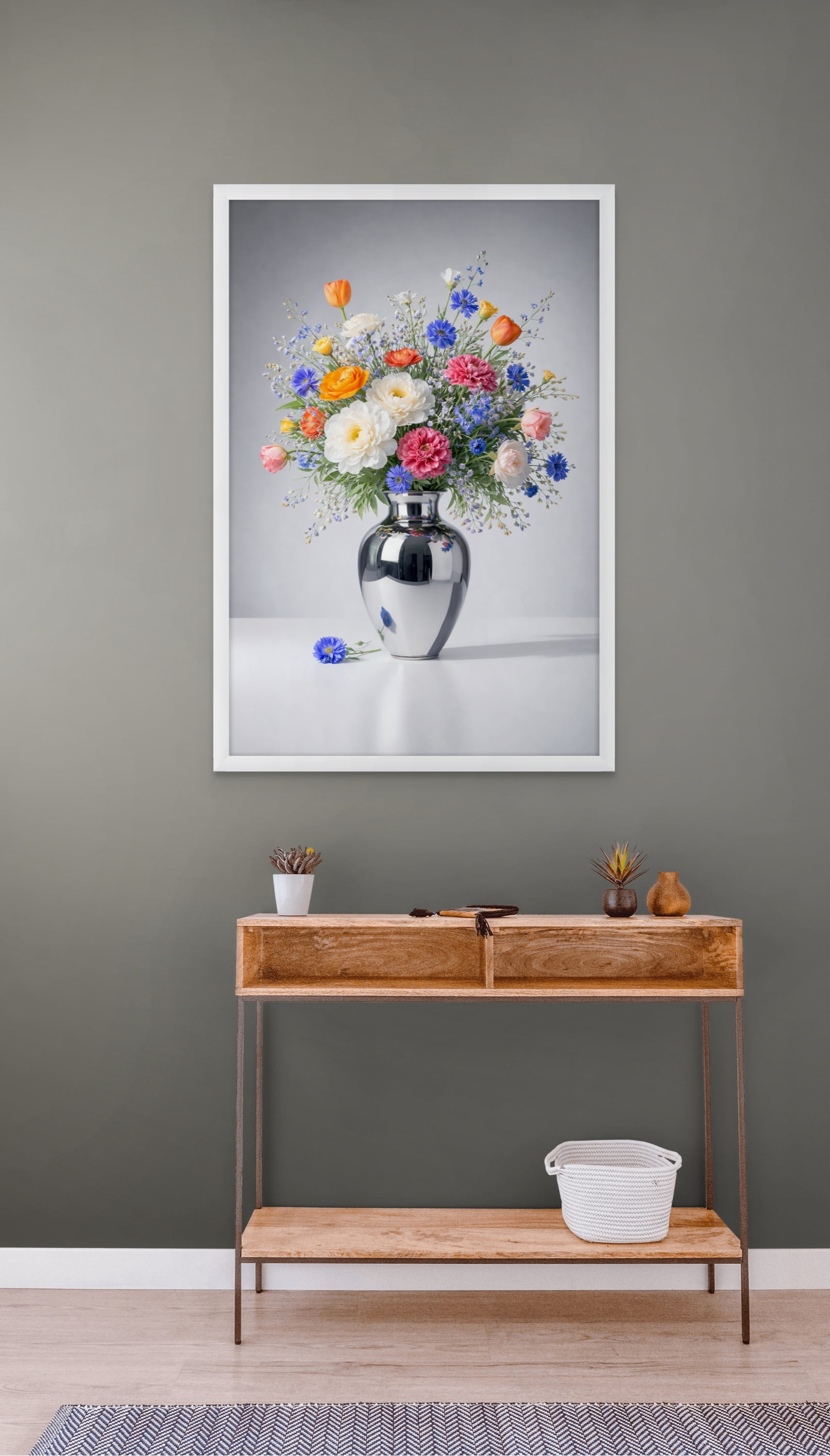Pastellblumen in Spiegelvase – Wandbild auf Leinwand, Aluminium oder Poster