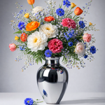 Pastelbloemen in Spiegelvaas wanddecoratie met zachte pastelbloemen in een glanzende spiegelvaas