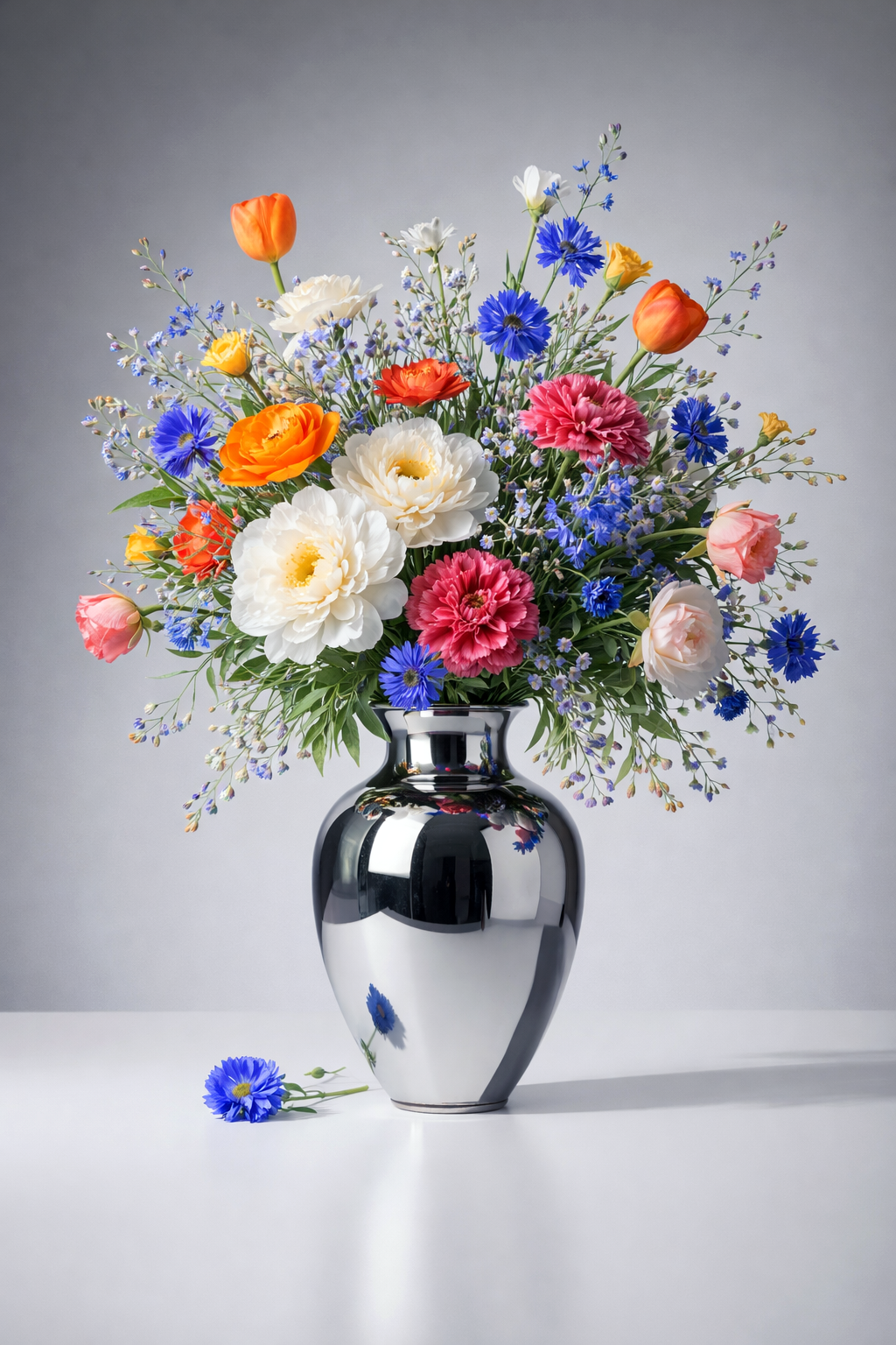 Pastelbloemen in Spiegelvaas wanddecoratie met zachte pastelbloemen in een glanzende spiegelvaas