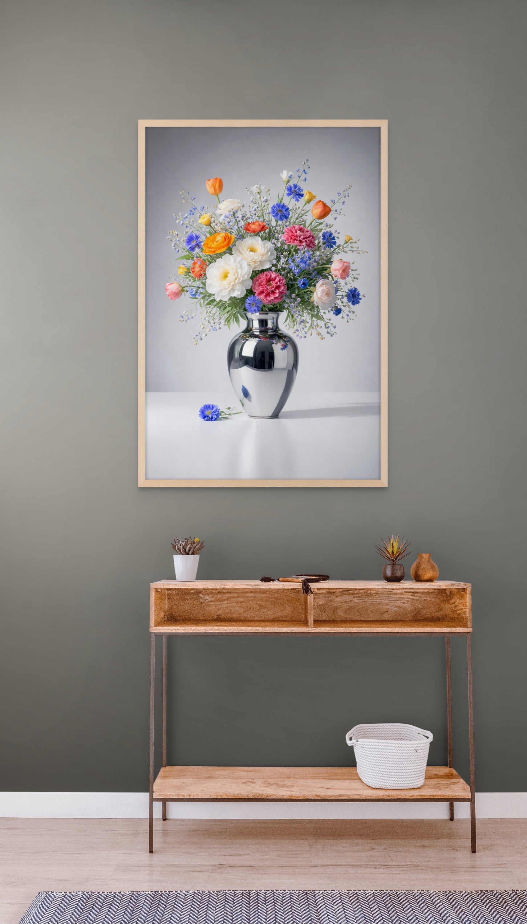 Pastellblumen in Spiegelvase – Wandbild auf Leinwand, Aluminium oder Poster