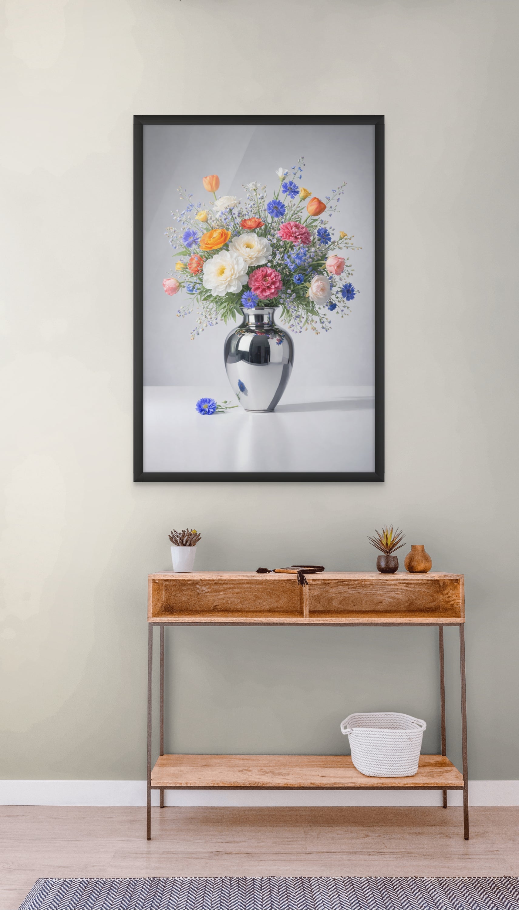 Pastellblumen in Spiegelvase – Wandbild auf Leinwand, Aluminium oder Poster