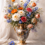 Radiant Garden Bouquet in a Golden Dream Vase wanddecoratie met stralend boeket in een gouden droomvaas