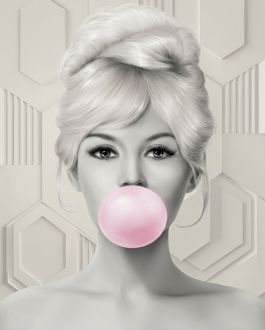 Retro Kauwgom Portret wanddecoratie met speels portret met retro-flair en kauwgombel