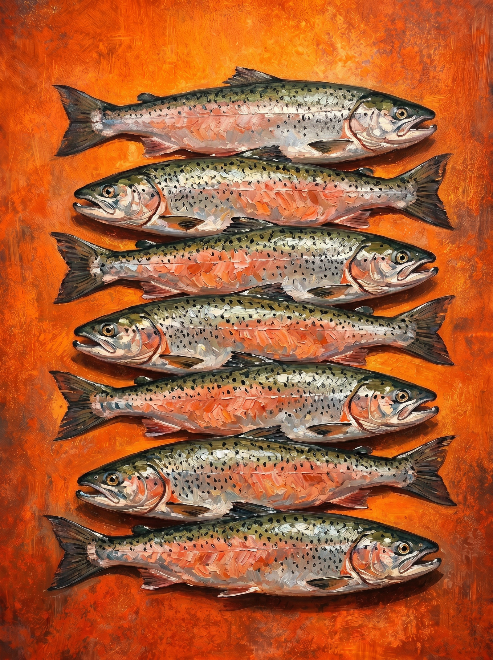 Riverfire Salmon Arrangement wanddecoratie met verfijnd arrangement van zalm in vurige tinten