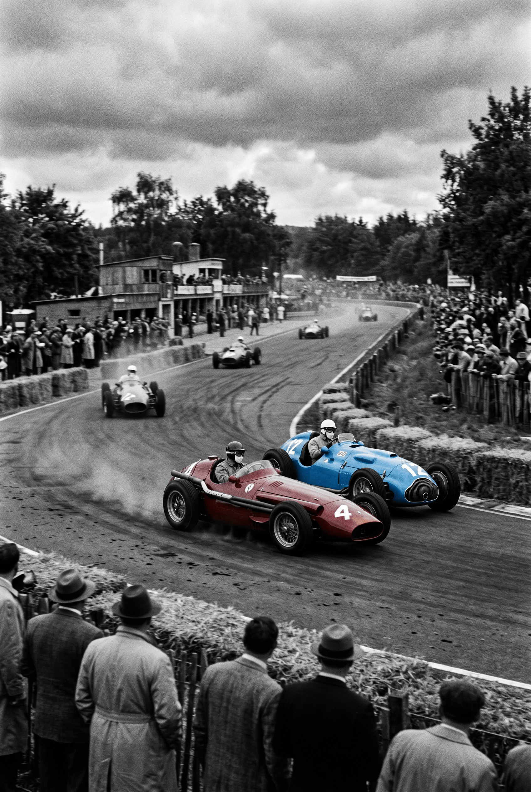 Rood tegen Blauw – vintage motorsport wanddecoratie
