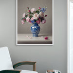 Rozenwals in Blauwe Vaas wanddecoratie met weelderige rozen in een fraaie blauwe vaas