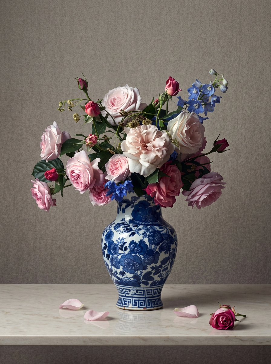 Rozen Blauwe Vaas Wanddecoratie – Bloemen Stilleven Canvas Print