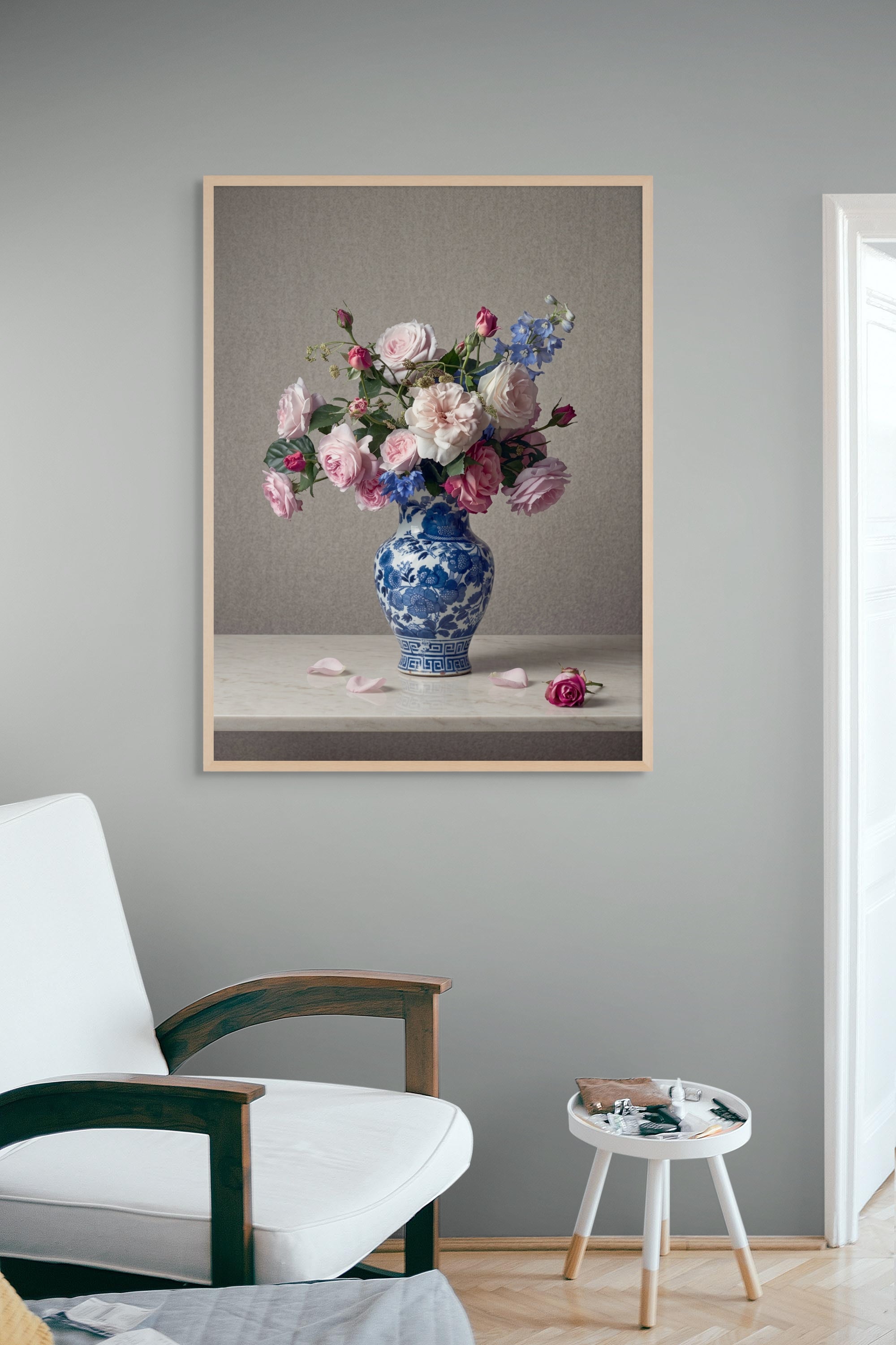 Rozen Blauwe Vaas Wanddecoratie – Bloemen Stilleven Canvas Print