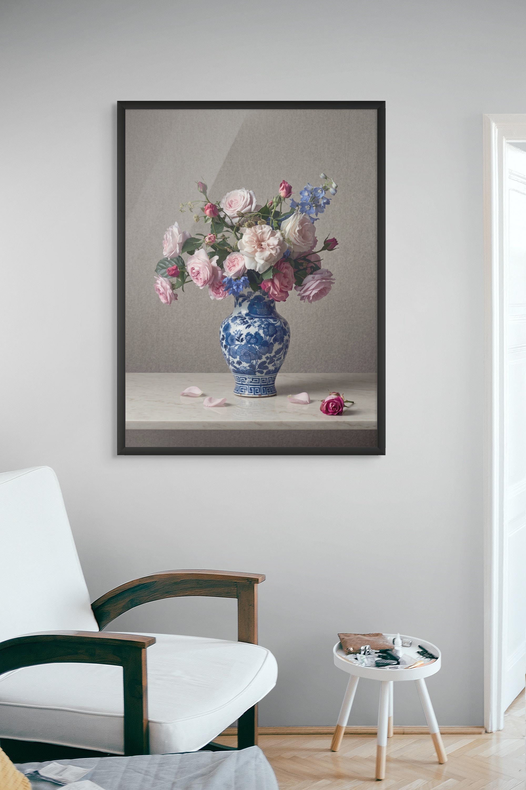 Rozen Blauwe Vaas Wanddecoratie – Bloemen Stilleven Canvas Print