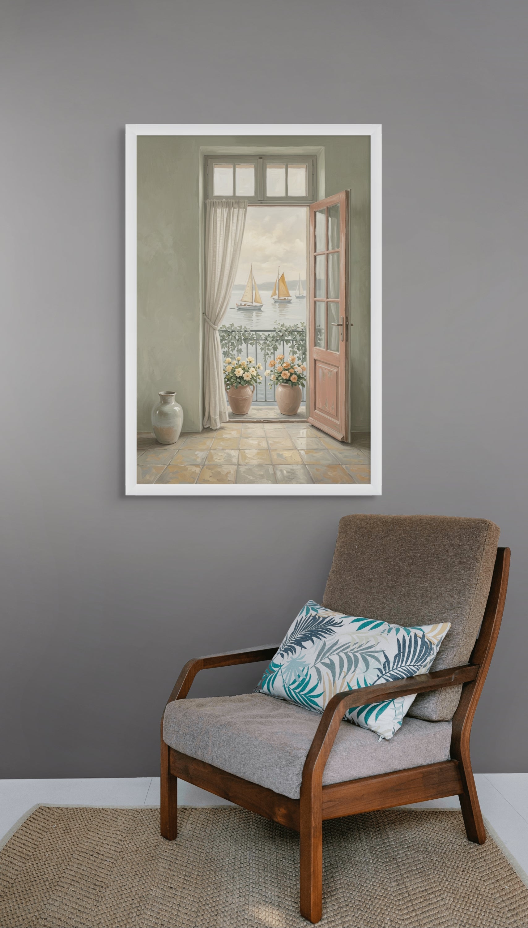 Rustiek Balkon Wanddecoratie Zeezicht – Mediterraans Terras Canvas Print