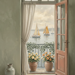 Rustieke Balkon met Zeezicht wanddecoratie met rustiek balkon met weids uitzicht op zee